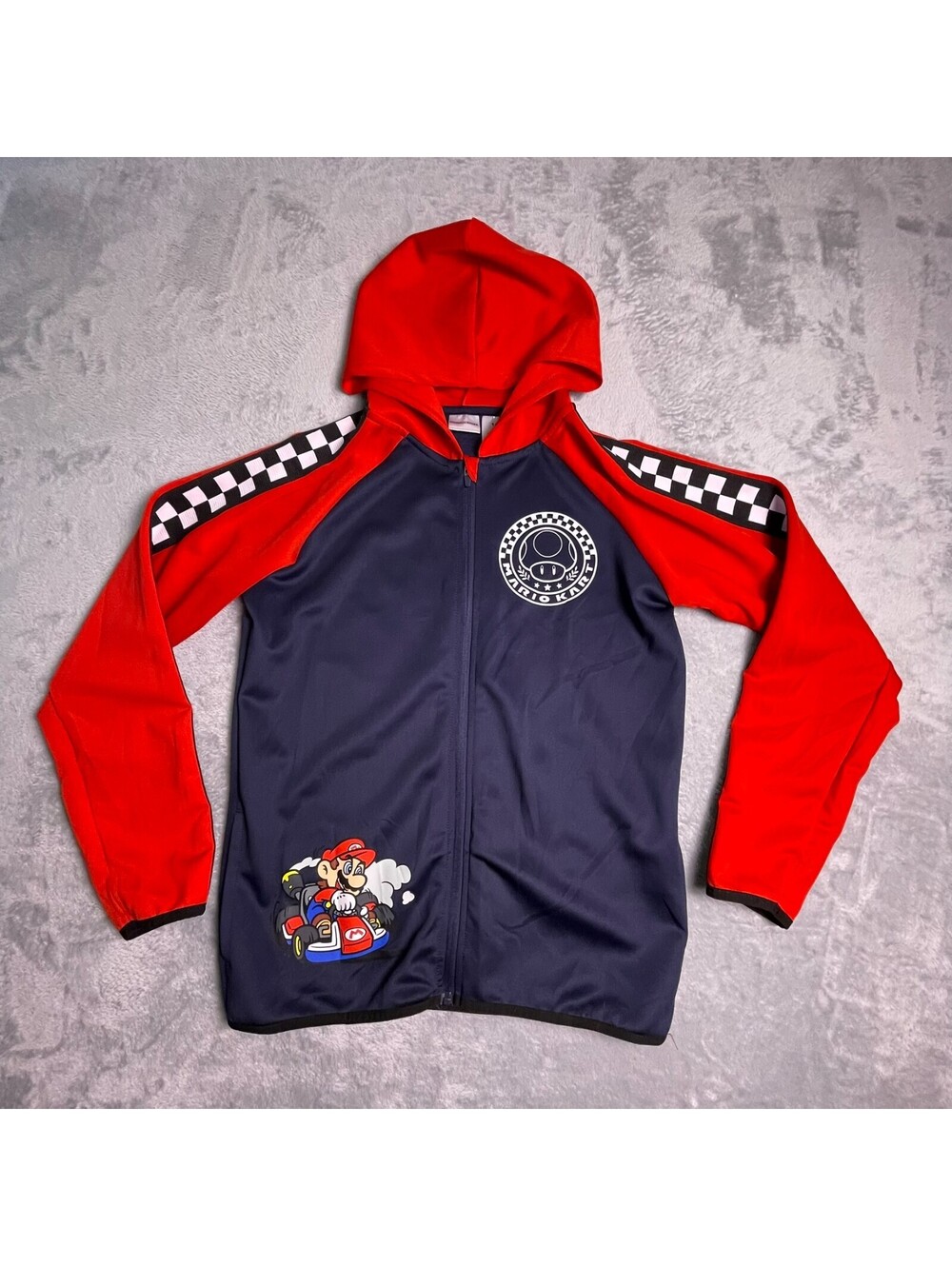 Mario Kart Zip Hoodie Boys 14/16 Navy Racing Graphic Nintendo Gamer Track Jacket